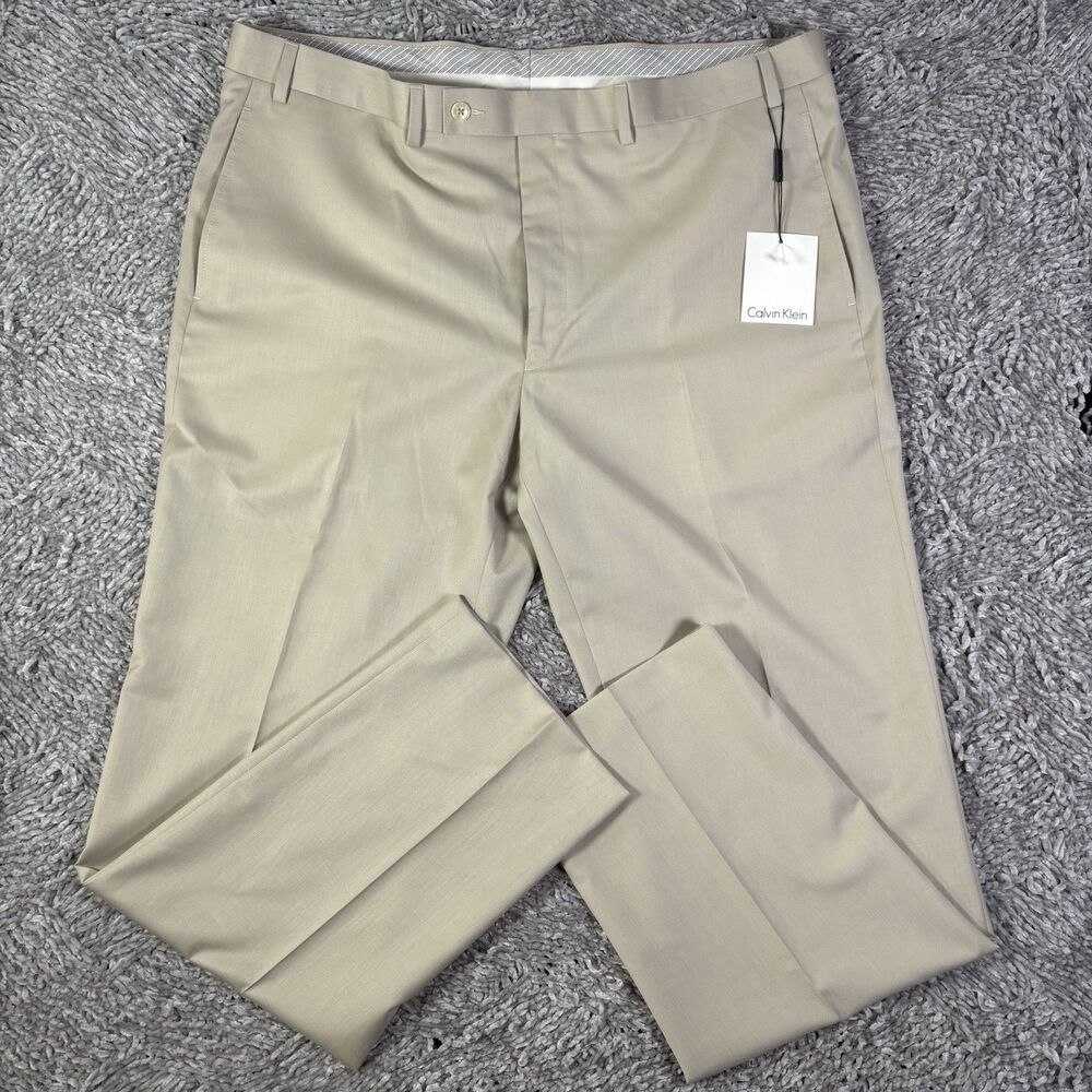 Calvin Klein Flat Front Dress Pants Mens 40x32 Beige Preppy Business Casual NWTG
